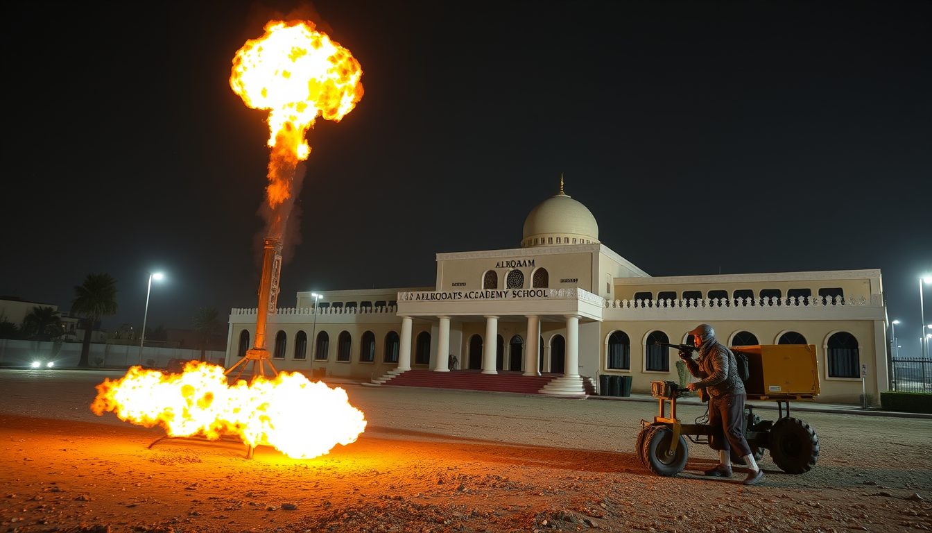Main art studio: PUT ALARQAM ACADEMY SCHOOL IN THE BACK GROUND THE PUT IN THE FRONT SOME BOMBS AND FIRE BUT QATAR SHOLD BE RELATED
