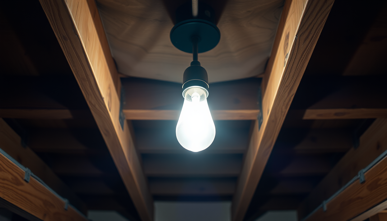 Main art studio: Bright light bulb mounted on basement rafters. Overexposed photo. Perspective is from below the light looking up at the light.