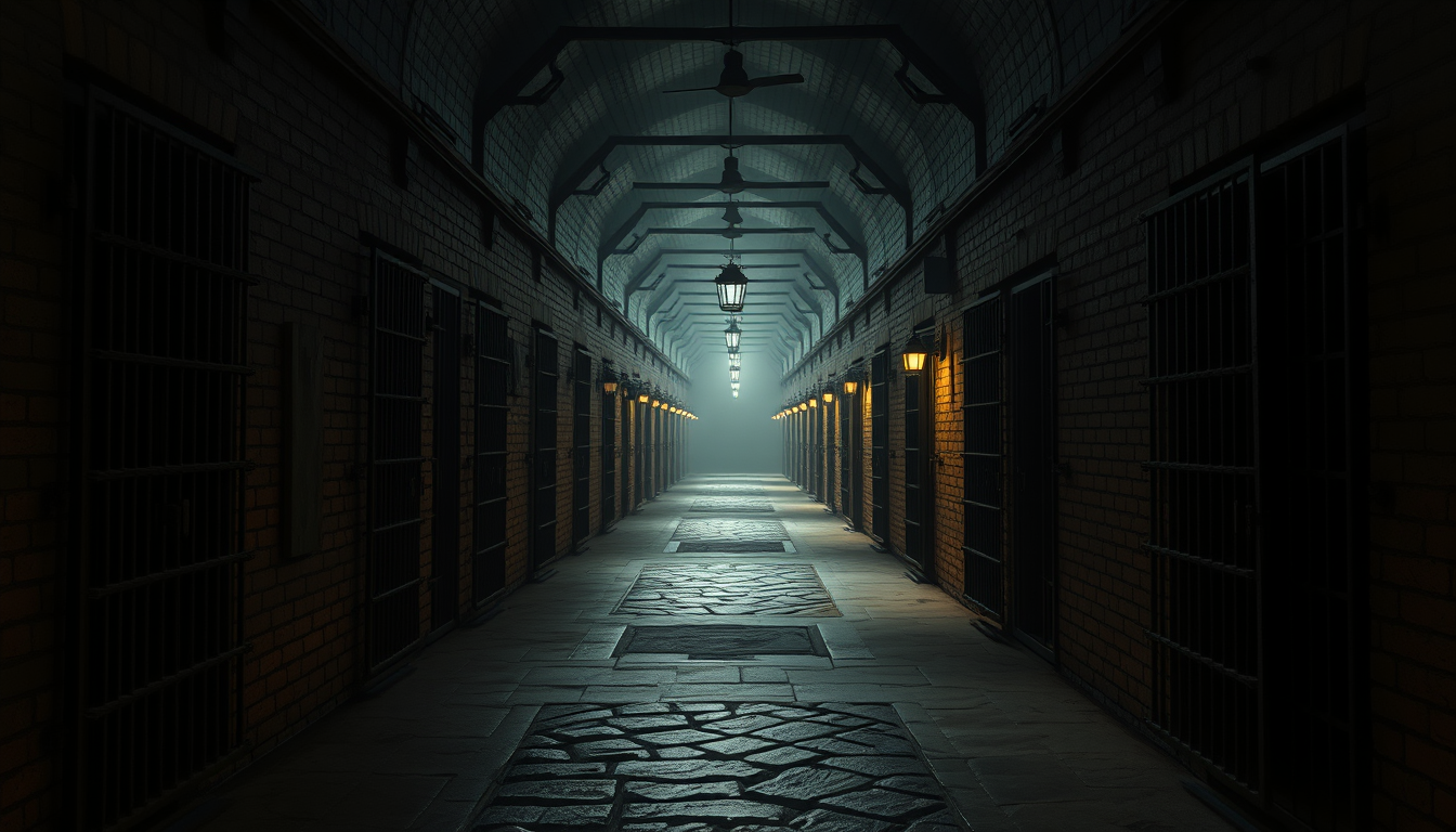 Main art studio: Ultra photorealistic cinematic 4K historical scene inside a colonial Indian prison corridor, long rows of heavy iron cell doors, rough brick walls, di