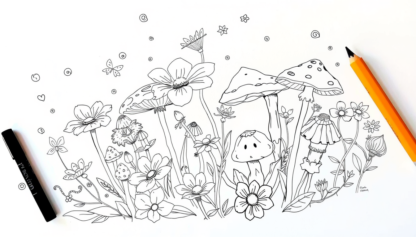 Main art studio: sketch up some line art of some flowers and flowers with some squiggles and lines and big thick bold lines and mushrooms and complex flowers and simpl