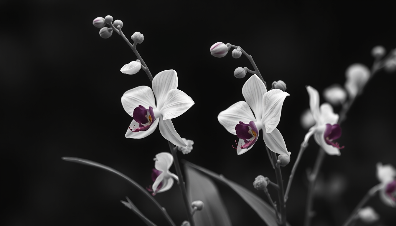 Main art studio: Ilustración: dos pequeñas flores representando dos orquídeas todo blanco y negro la imagen