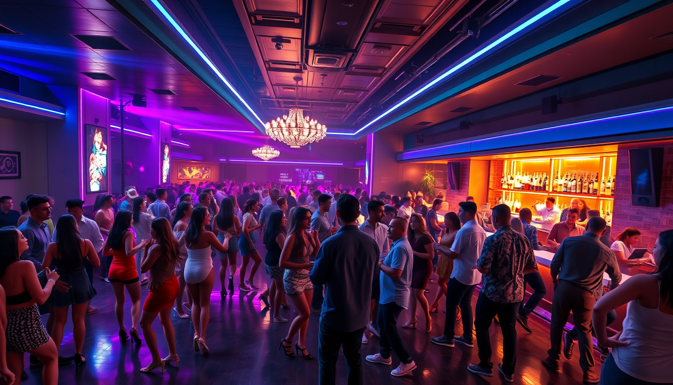 AI Art prompt example created from the prompt: Photorealistic interior of an EXTRA-LARGE upscale Honolulu nightclub at night. Wide establishing shot from an elevated corner, showing the e