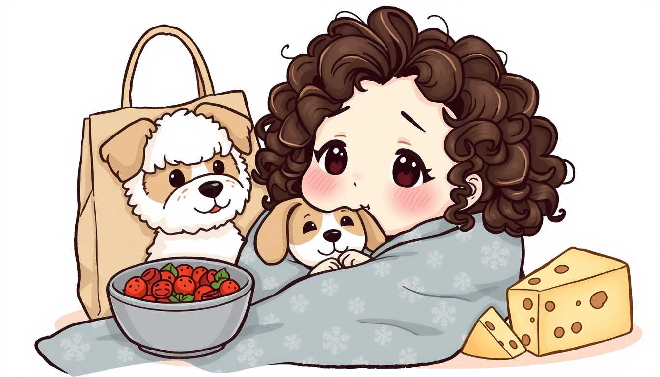 Main art studio: Draw a image in the kawaii style of a girl with curly and dark brown hair. The girl is in a blanket, like a burrito. Near the girl add a dog, with whi