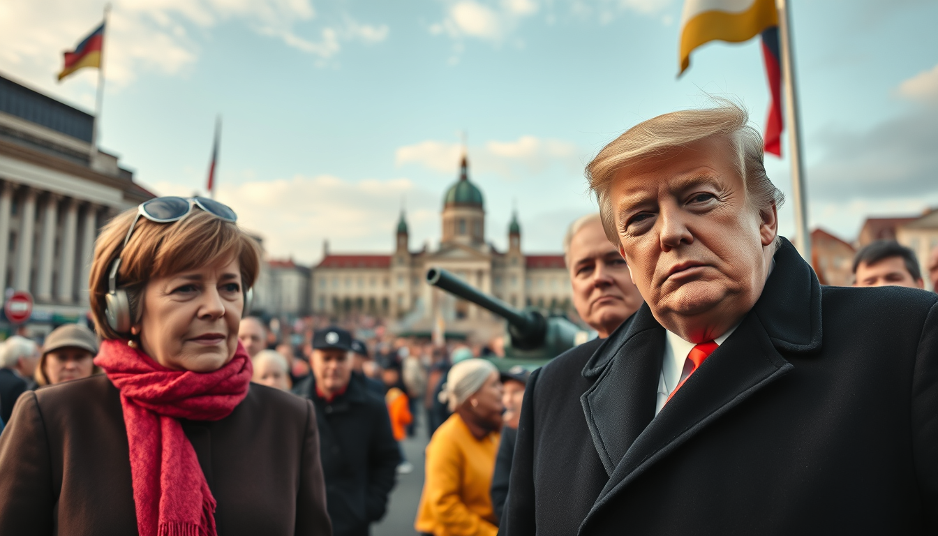 Main art studio: erstelle mir ein bild von trump mit panzer angela merkel friderich merz münchen leevi schlemmmer dem schauspieler und corina kierner mit vielen farbe 