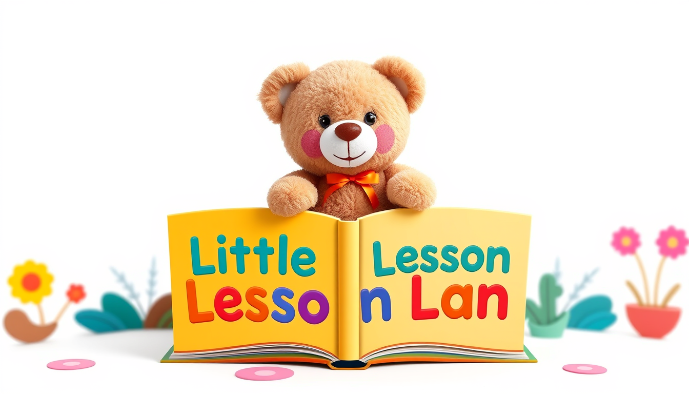 Main art studio: Square 1:1 YouTube profile picture. Cute teddy bear sitting on a colorful open storybook. The book clearly says “Little Lesson Land” in large, cute ch