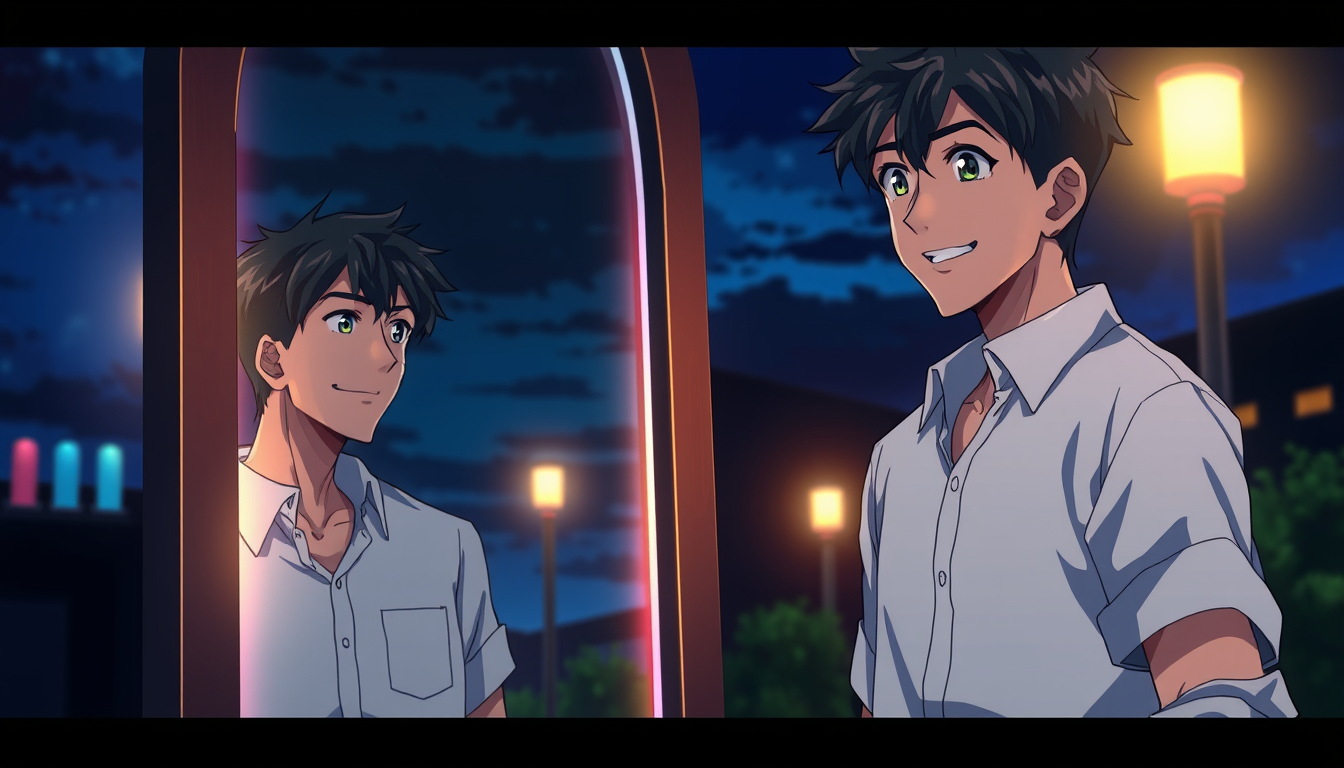Anime idea: anime style, vibrant colors, expressive eyes, A young anime man standing in front of a mirror at night. His reflection transforms into a stronger, suc