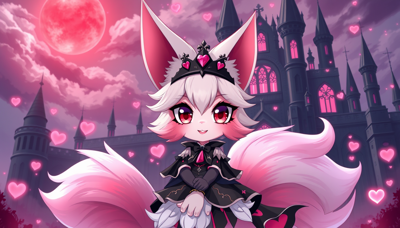 Anime idea: anime style, vibrant colors, expressive eyes, Cute furry anime fox girl named Furi, adorable fluffy silver-white fur with pink tips, huge pointed fox