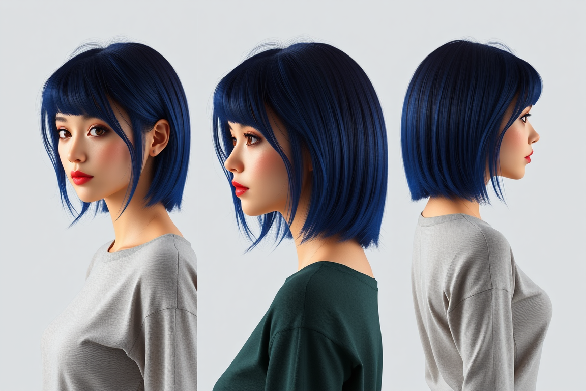 Main art studio: Ai influencer preset images, female, head similar to bulma in her 20s, full body photo, 3 shots front side back, professional, normal clothes, hyperre