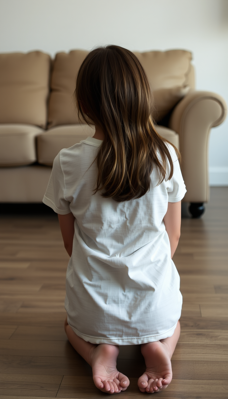 Main art studio: Girl kneeling on the floor, facing a couch, hands tied behind her back, taken from the point of view of someone standing behind her