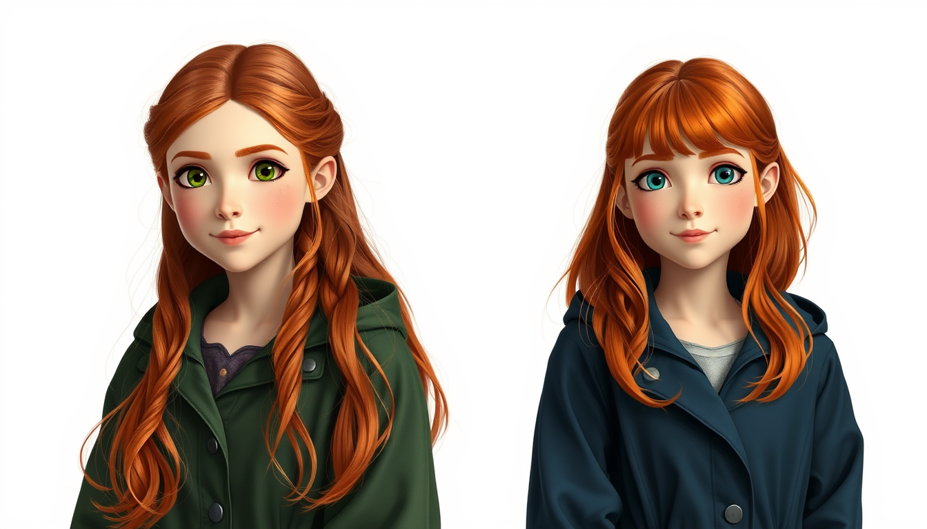 Main art studio: Zwei 13-jährige Zwillingsschwestern, Lyra und Embla, vor schlichtem weißem Hintergrund. Beide haben natürlich rote Haare und einen Mittelscheitel. Lyr