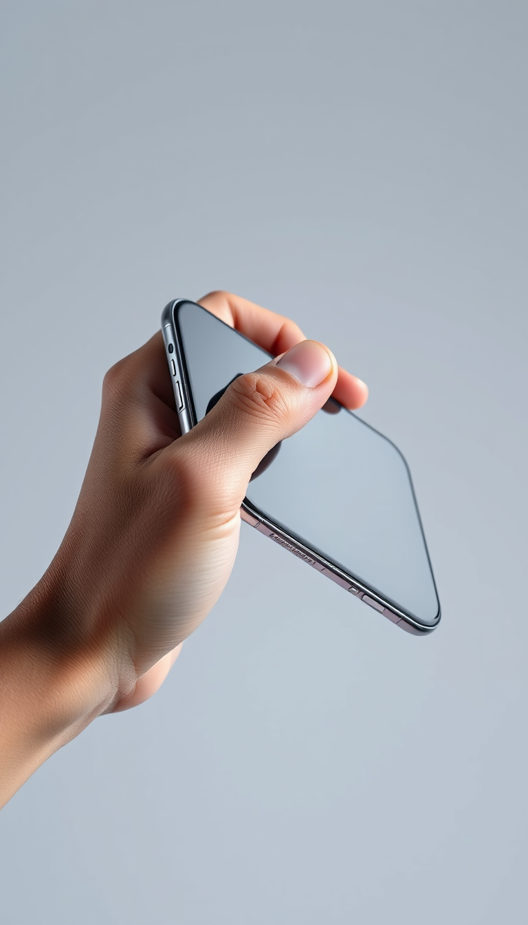 Main art studio: Ultra realistic macro product photography, one human hand gripping a smartphone horizontally, the index finger touching the back panel of the phone, t