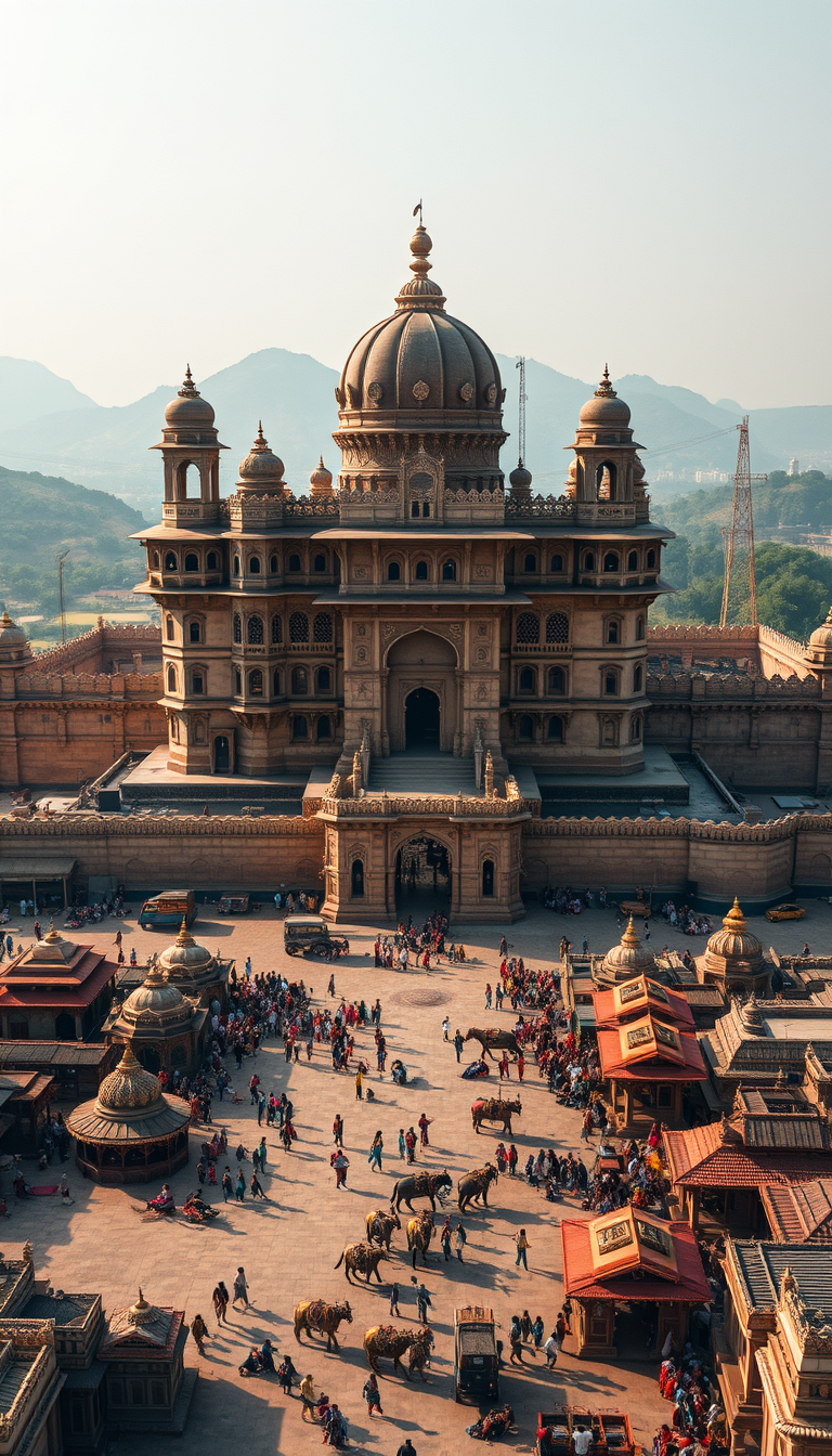 Main art studio: Ultra-realistic aerial drone view of a magnificent 17th-century North Indian kingdom, enormous sandstone royal palace with hundreds of carved windows,