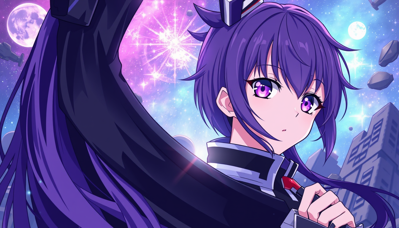 Anime idea: anime style, vibrant colors, expressive eyes, Eine Domain Expansion im Stil von Jjk mit Thema Weltraum und Farben schwarz und lila leeres All , detail