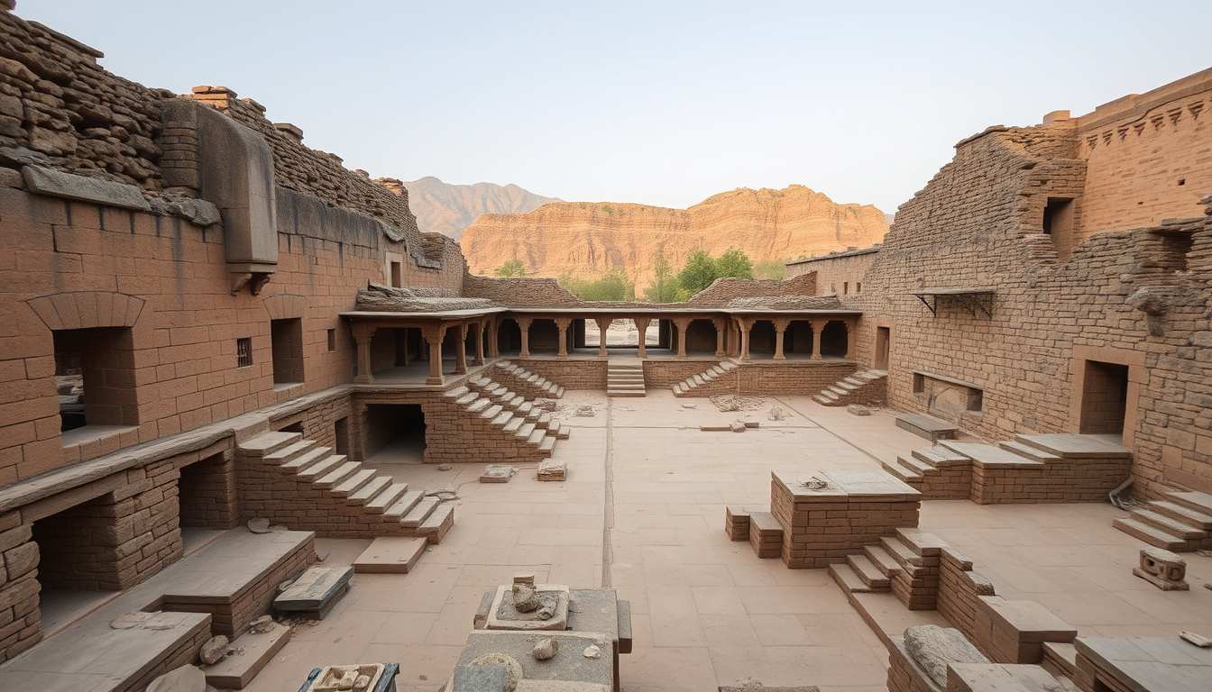 Main art studio: Wide view of the real Bhangarh Fort ruins in Rajasthan, collapsed stone structures, abandoned palace buildings, broken temple walls and empty courtyar