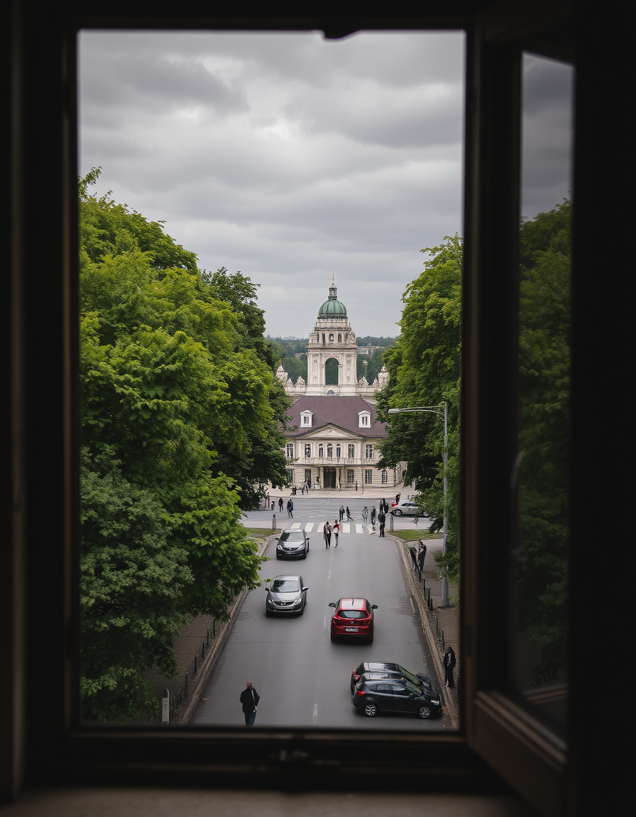 Main art studio: A view through an old window overlooking a popular and recognizable landmark in Warsaw. Outside the window, lush green trees surround the area, with t