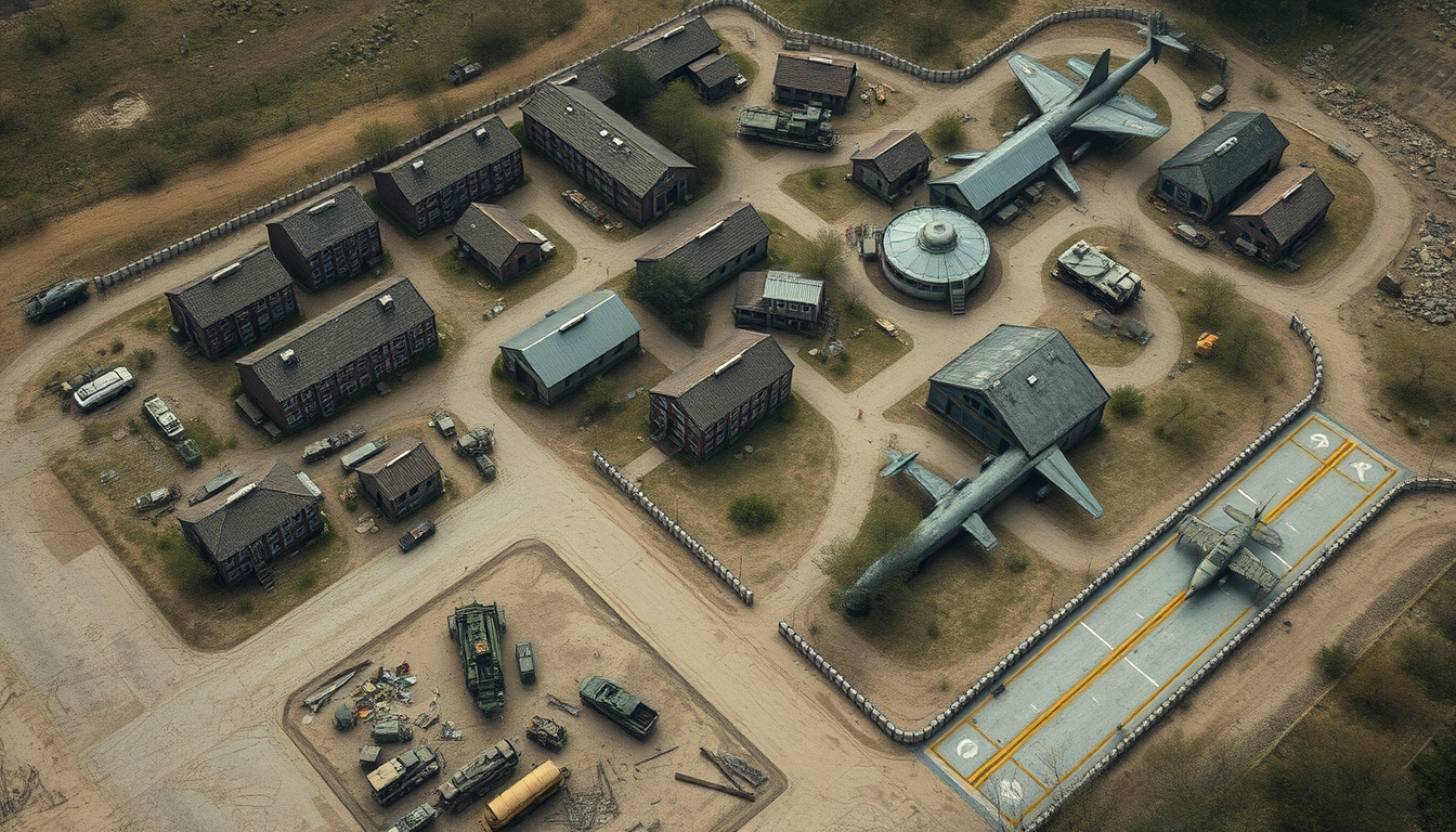 Main art studio: Realistic aerial view of a mercenary base in an Eastern European village. Include apartment blocks used as HQ and barracks, a small port, warehouses,