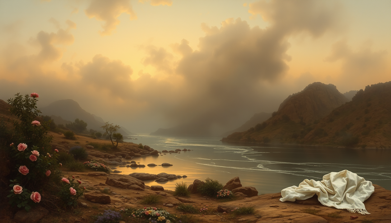 Main art studio: Peinture orientaliste algérienne du XIXe siècle. Rivière mystérieuse au crépuscule, paysage sauvage, roseaux, rochers, brume et ciel ocre. Un linge bl