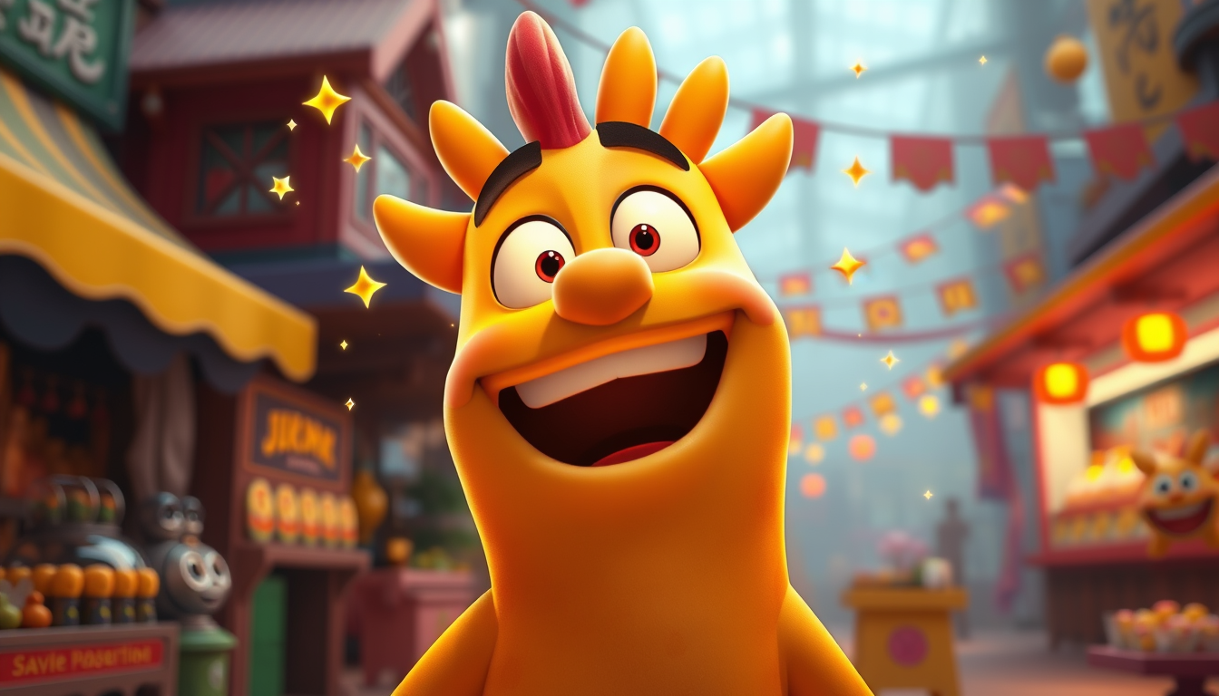Main art studio: Same Cromdo character looking shocked and happy, magical golden light coming from his mouth, sparkling stars swirling around him, colorful magical car
