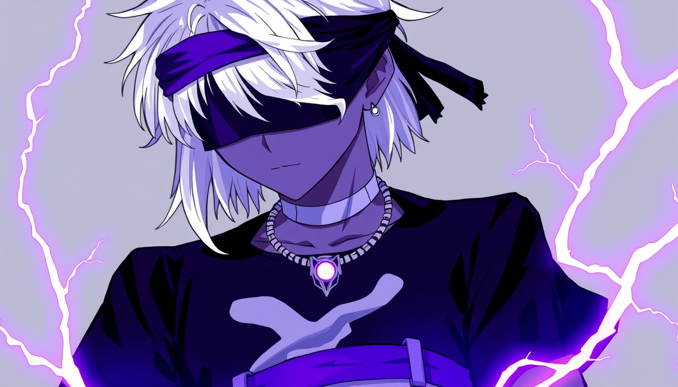 Main art studio: white hair + SKIN COLR IS THESAME COLOR AS HIS HAIR + black shirt + white NECKLACE+ purple Eye of Ender SHIRT DISIGN+ THATS ARE DIFFERENT SHADE OF COL