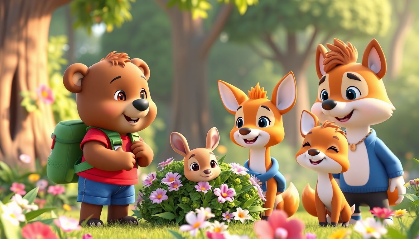 Main art studio: 3D animated children's cartoon. Bruno, a cute brown bear wearing a red T-shirt, blue shorts, and green backpack, Benny, a small white rabbit in a blue