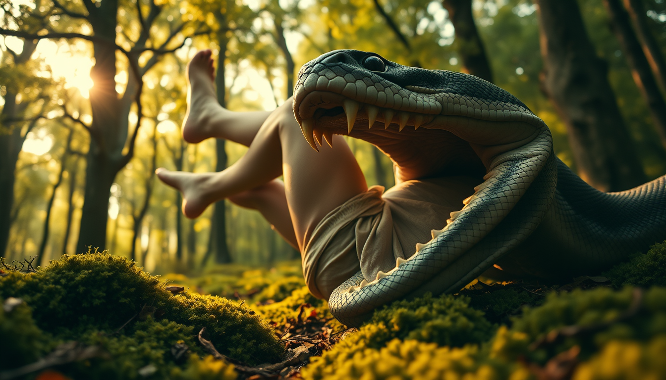 Main art studio: Dramatic low-angle medium shot, photorealistic 4K: A woman with bare legs has her entire upper body swallowed deep inside the jaws of a python. Only h