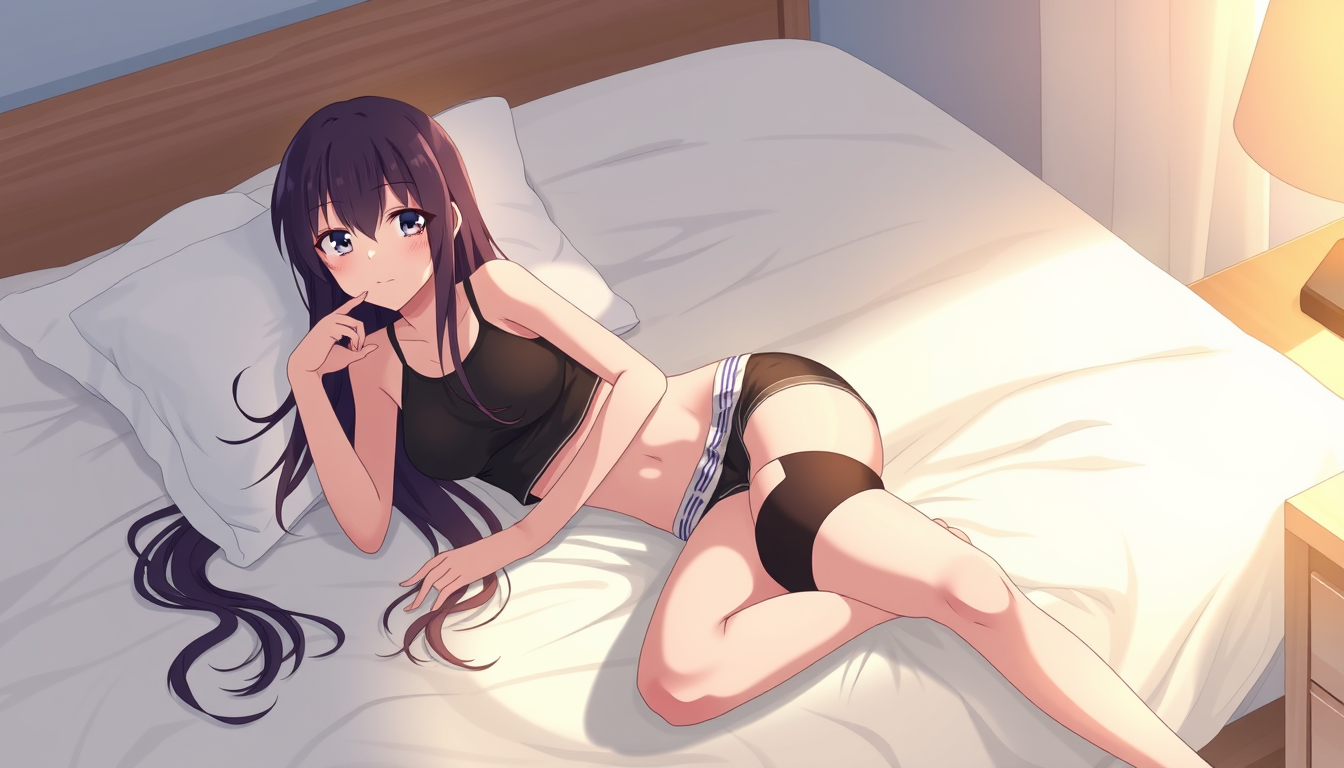 Main art studio: A anime girl laying on the bed make her hinata from nartuto her touge is and make he rin shorts also jacked legs make her panties show