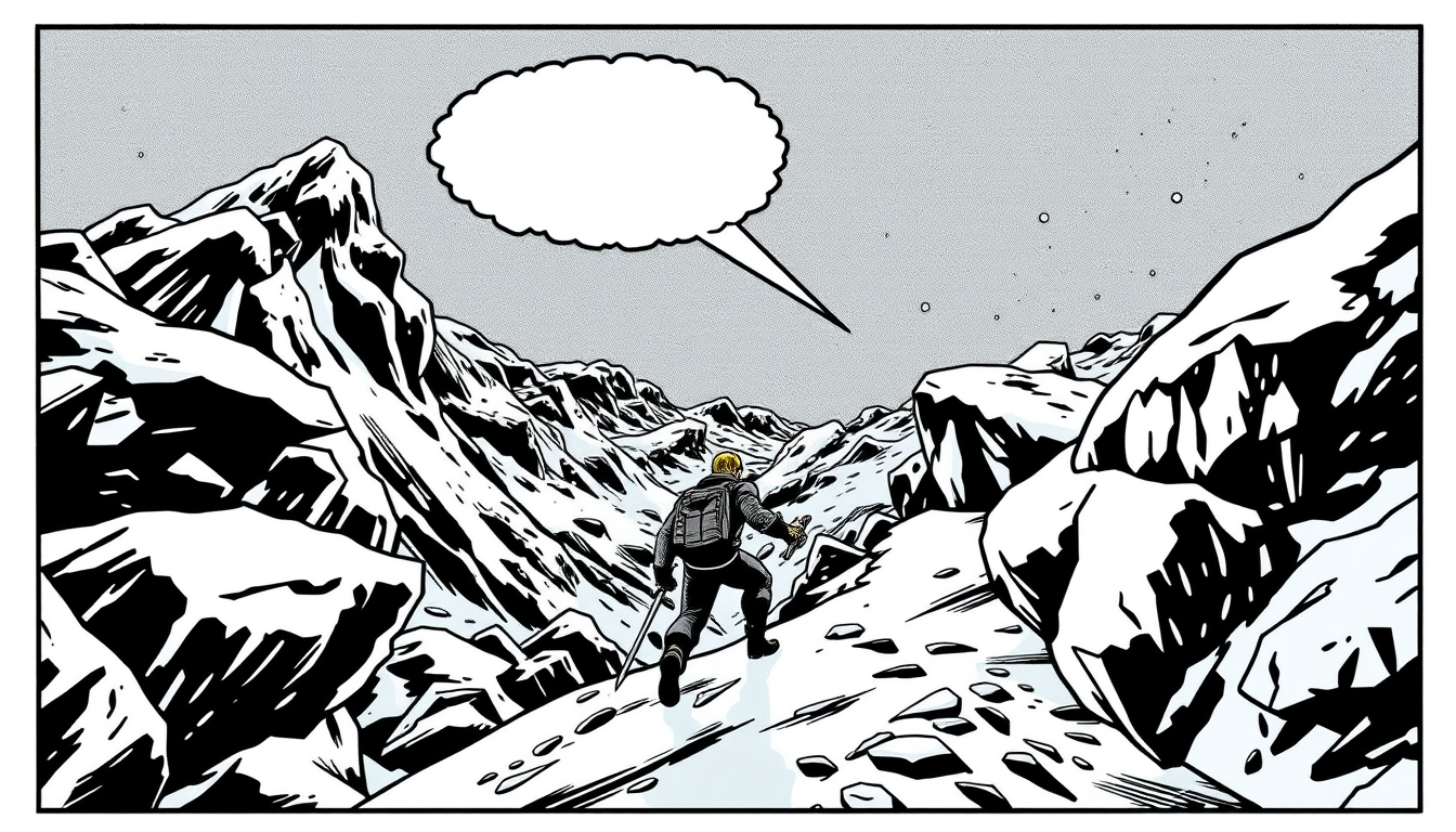Comic idea: comic panel, bold inks, halftone shading, speech-bubble ready composition, un yeti camina por las nieves en estilo comic marvel años 1950 , dynamic co