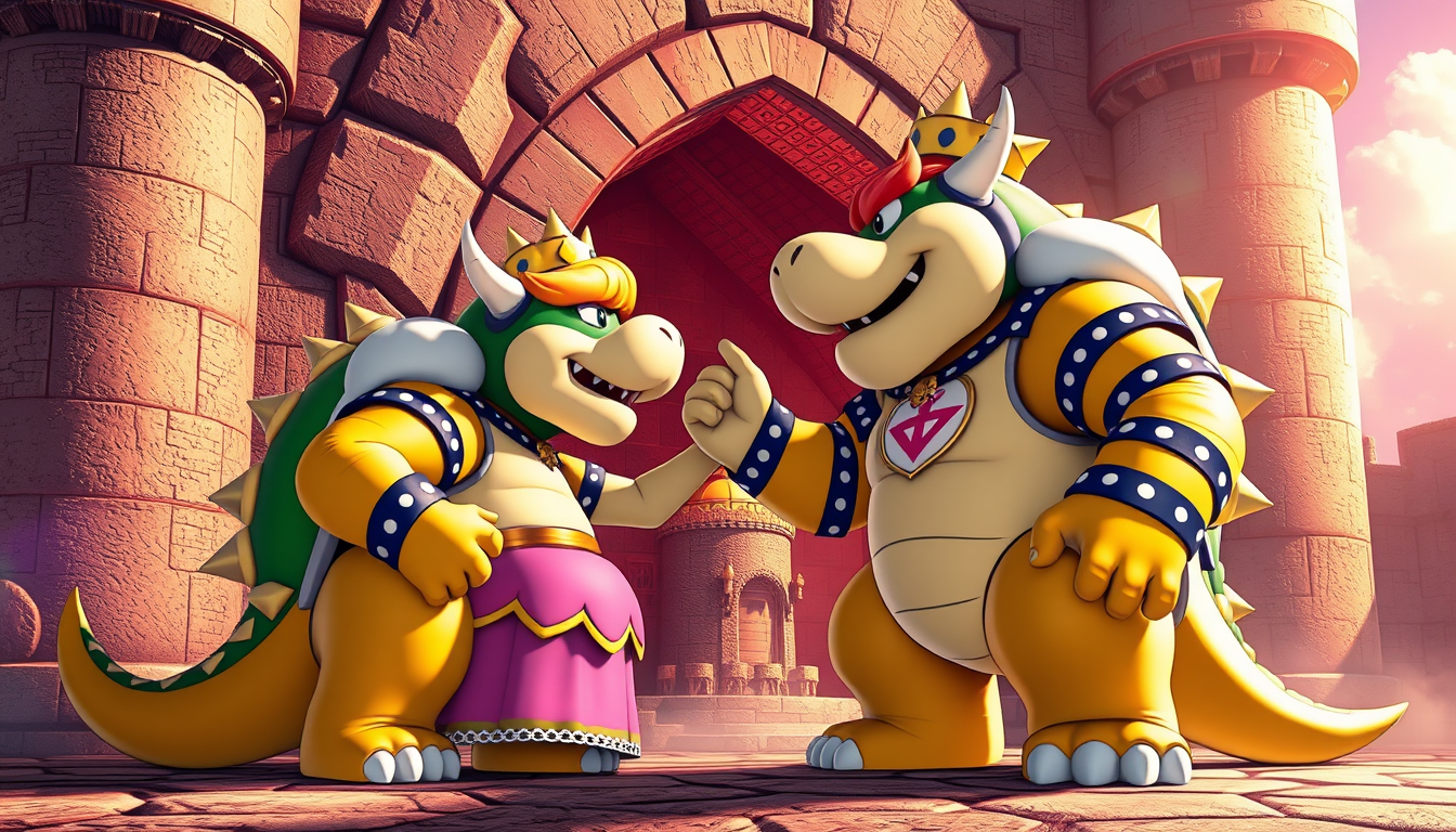 AI Art prompt example created from the prompt: Una imagen del castillo de la princesa peach por dentro y quiero que este bowser mirando cara a cara a estela y la agarre muy fuerte con una