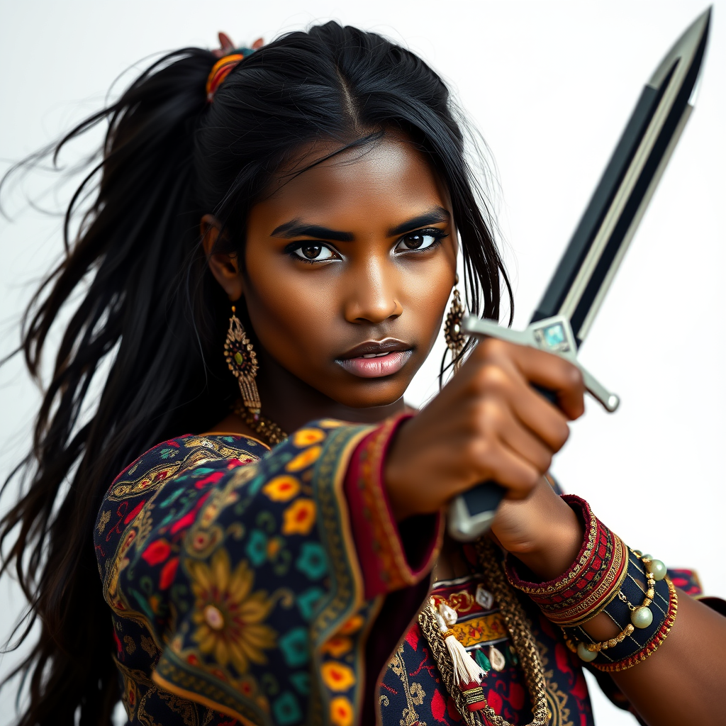 Main art studio: Young black indian woman in traditional colorfully patterns, but practical to fight. Hair loosely tied back. One dagger in one hand, ready to fight.