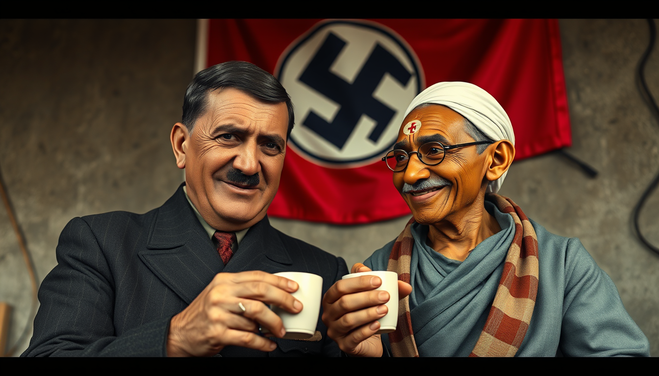 Realistic Images idea: photorealistic generated image, natural materials and skin texture, physically plausible lighting, make a pick of a adolf hitler and gandhi drinking t