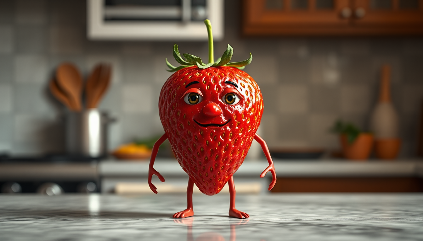 AI Art prompt example created from the prompt: Ultra-realistic anthropomorphic strawberry character, a real fresh red strawberry with natural seeds and detailed realistic texture, realist