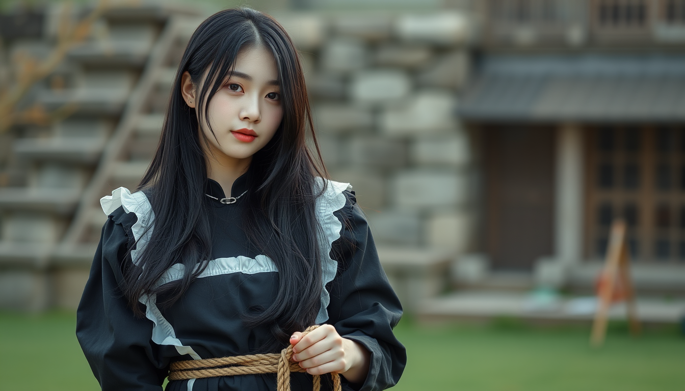Main art studio: Korean black long hair girl wear black maid clothes and she is tied by rope and she's neck is dog rope