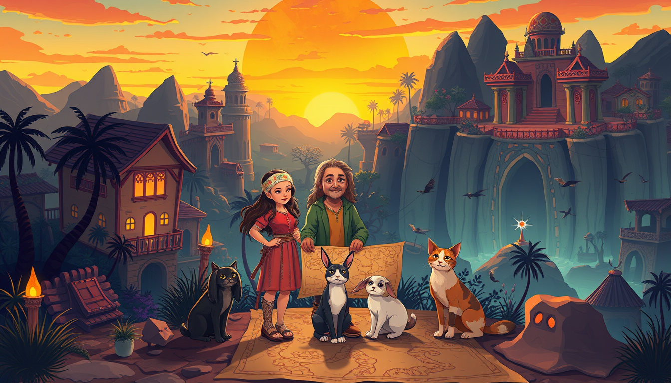 Main art studio: mesmerizing illustration that sunset city oasis, a group of diverse friends standing together facing fear of the unknown, thye use an ancient map for 