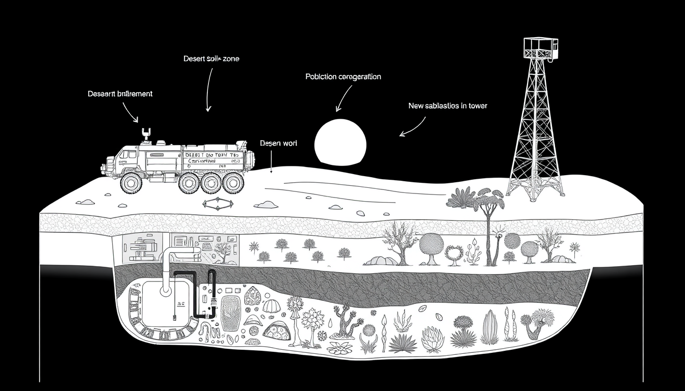 Main art studio: Components: 1. Mobile terraforming robot 2. Desert soil treatment zone 3. Underground water management system 4. Biological regeneration area 5. Senso