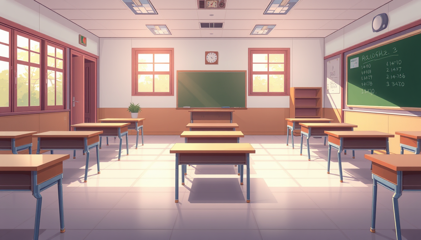 Anime idea: anime style, vibrant colors, expressive eyes, Empty Japanese anime school classroom, visual novel background, simple clean line art, soft pastel color