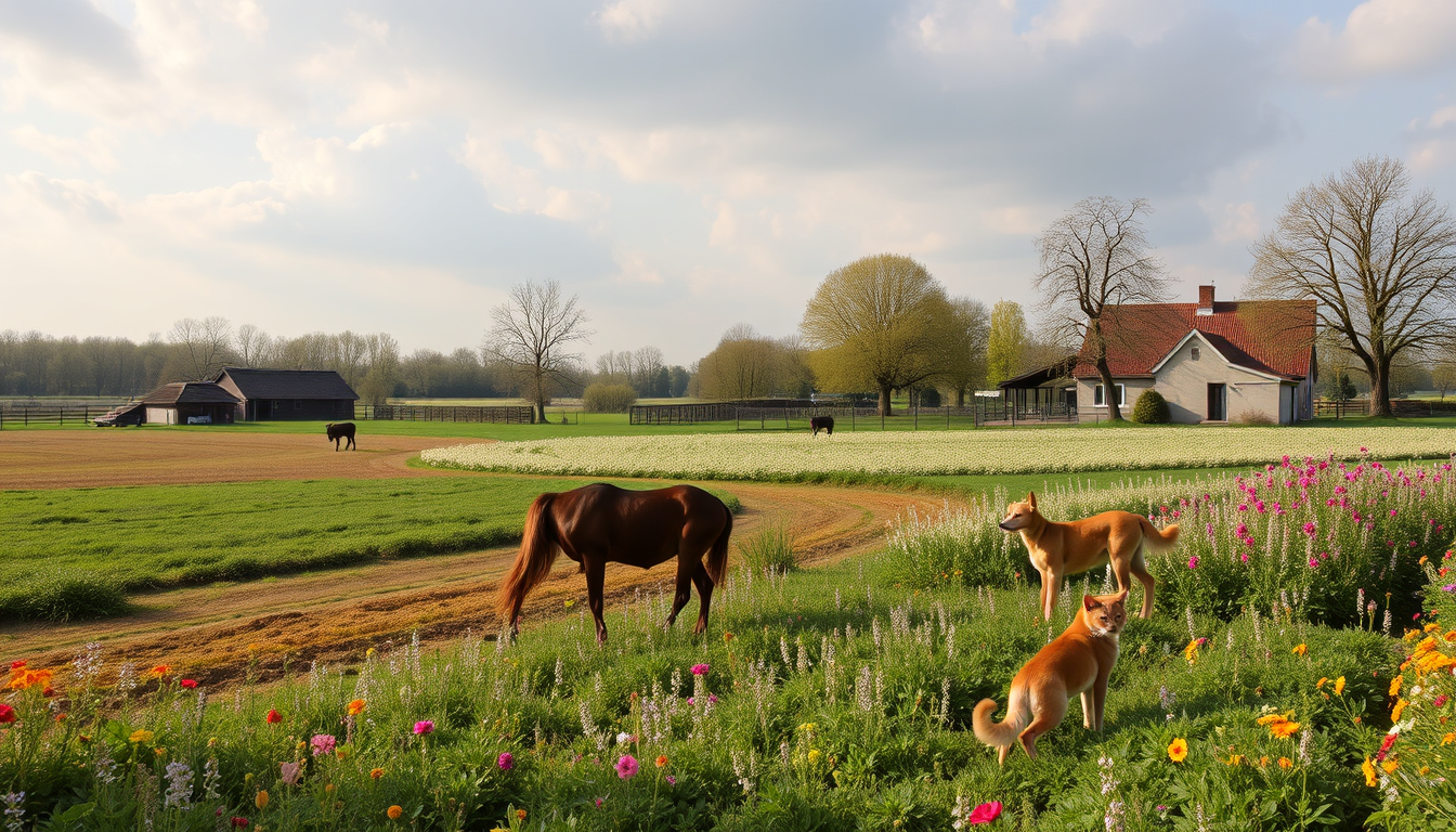 Main art studio: aan de linkerkant een boerderij met trekker en koeien en dan in het midden een paadje naar een hartje en dan aan de rechterkant een bloemenveld met ee