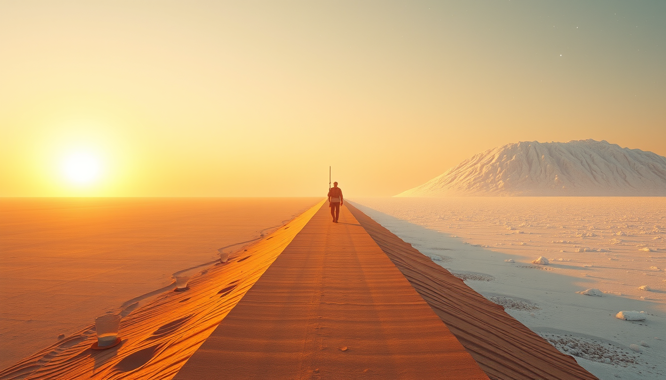 Main art studio: A deeply spiritual, surreal conceptual art piece, 8K photorealistic, cinematic. A lone humble traveler walking on a long narrow path across a vast des