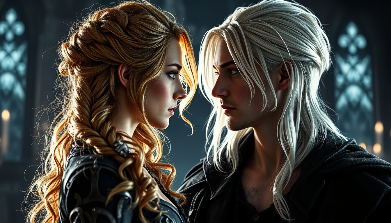 Main art studio: “Dark fantasy romance scene. A guarded female assassin with strawberry blonde wavy hair in a braid, one ocean blue eye and one thunder grey eye, stand