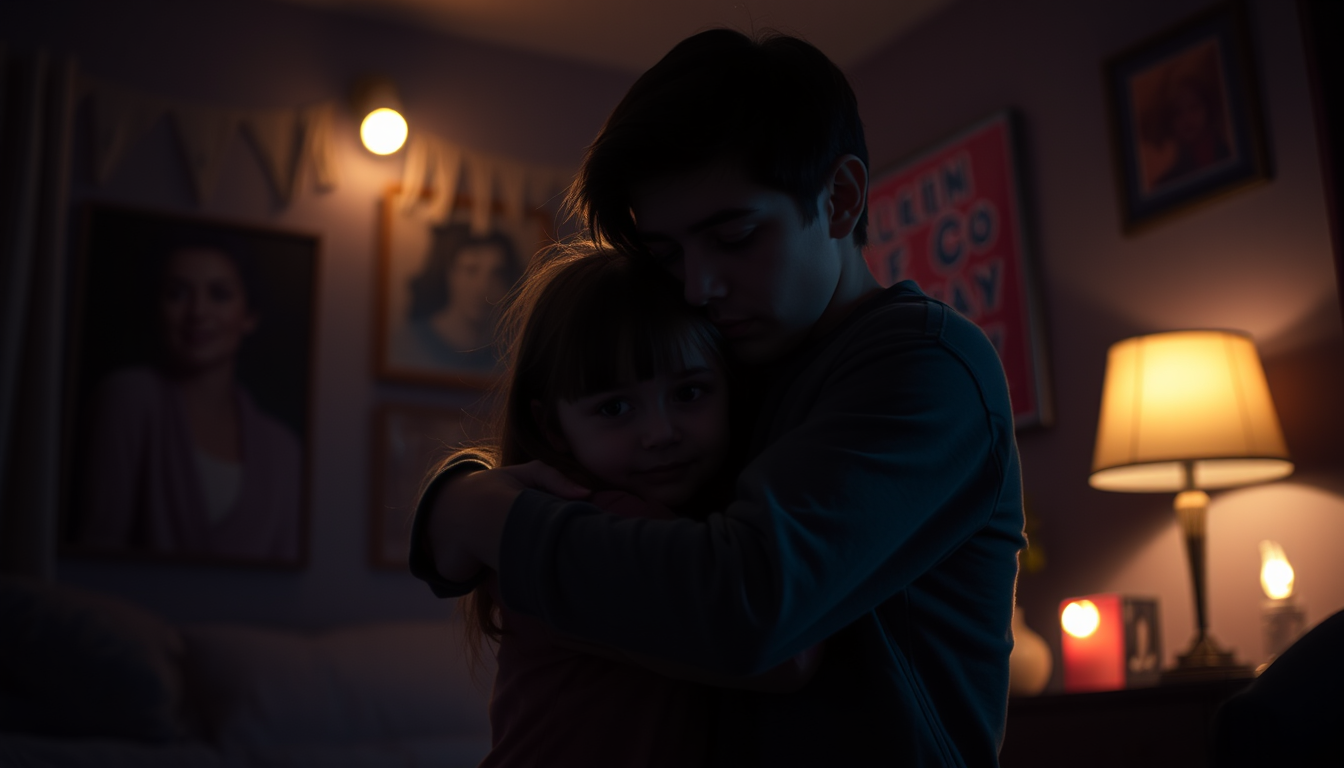 AI Art prompt example created from the prompt: a teenage emo boy hugging a little girl in a dark room lights off
