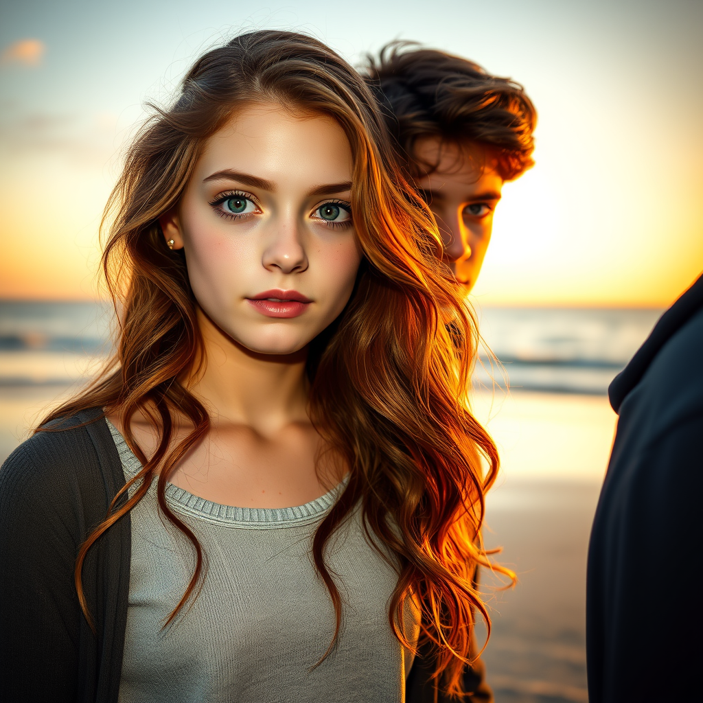 AI Art prompt example created from the prompt: Ultra-realistic paperback book cover. A teenage girl and boy on a quiet beach at sunset. The girl has long wavy chestnut hair and hazel eyes
