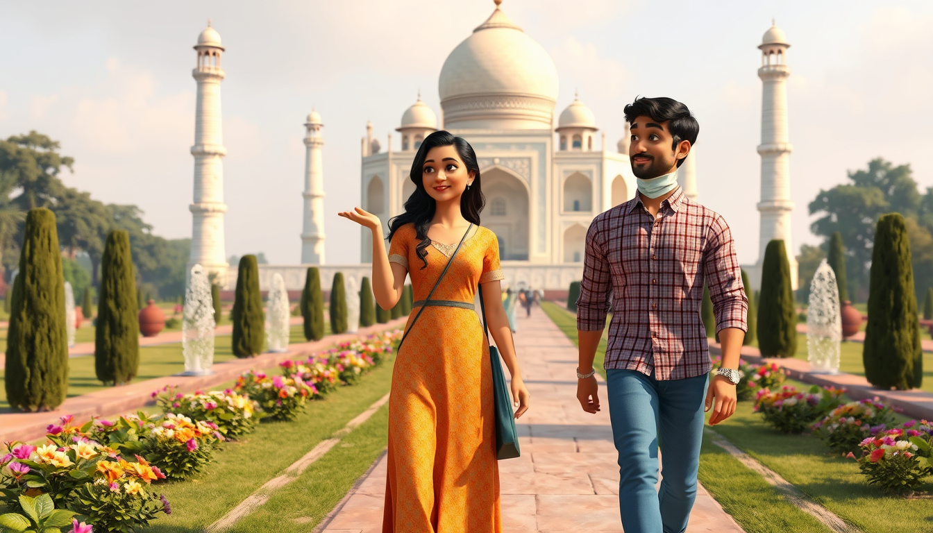 Main art studio: Ayesha and Aryan walking slowly through the beautiful Taj Mahal garden. Ayesha looks toward the Taj Mahal and talks enthusiastically to Aryan while ge