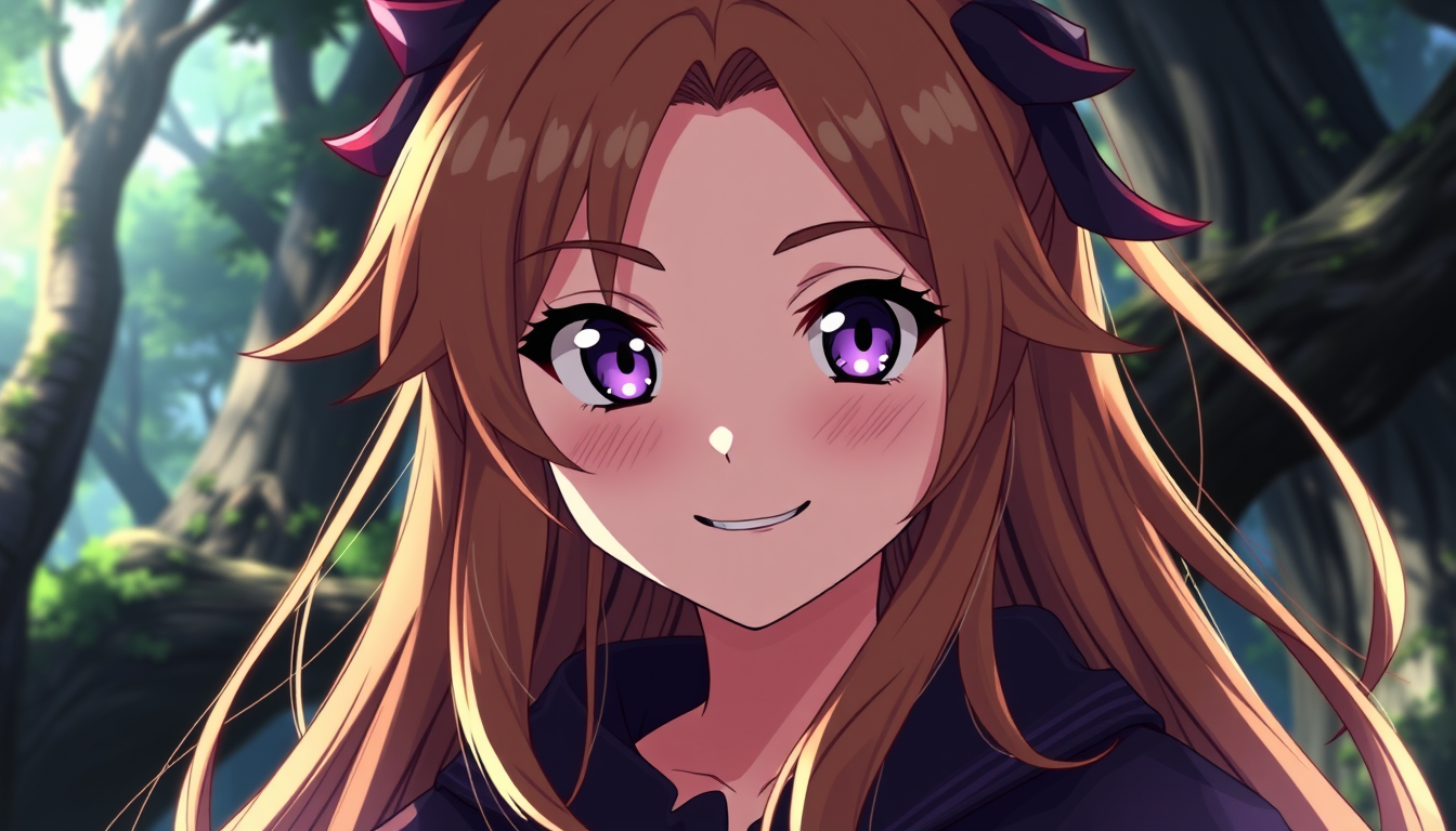 Anime idea: anime style, vibrant colors, expressive eyes, Semi-realistic anime illustration of a beautiful girl with long, brown-blonde hair and a purple right ey