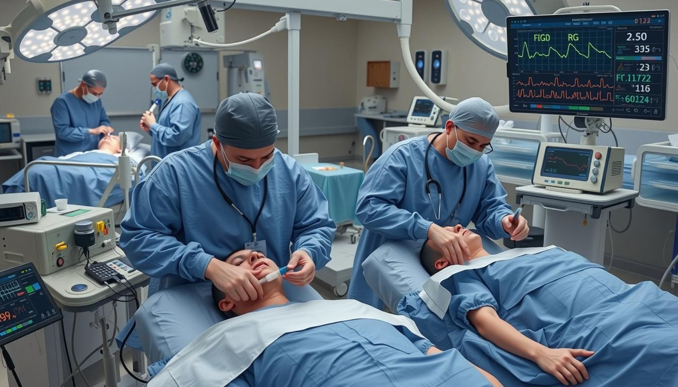 Main art studio: Animate this medical documentary with slow, realistic cinematic motion. Gently pan from inhalational to intravenous anaesthesia. The anaesthesiologist