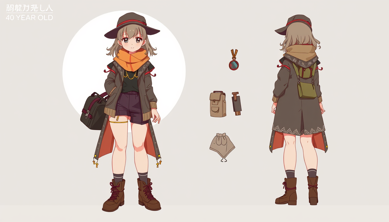 Characters idea: original character design, detailed outfit and accessories, expressive personality, a normal girl 40 year old , character concept art illustration