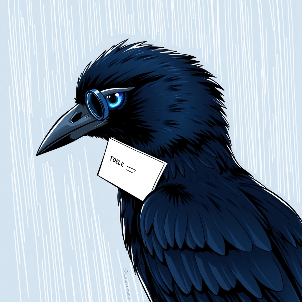 Main art studio: Image de profil. Style dessin. Corbeau humanoïde au plumage noir irisé bleu-violet, avec un carnet de notes sous l'aile. Œil unique visible sous un ba