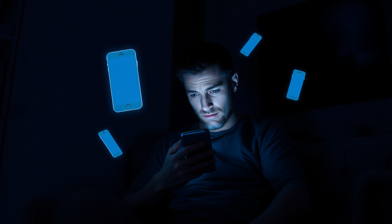 Main art studio: Ultra-realistic cinematic scene, adult man repeatedly checking his smartphone while sitting alone in a dark room, anxious expression, subtle ghosted i