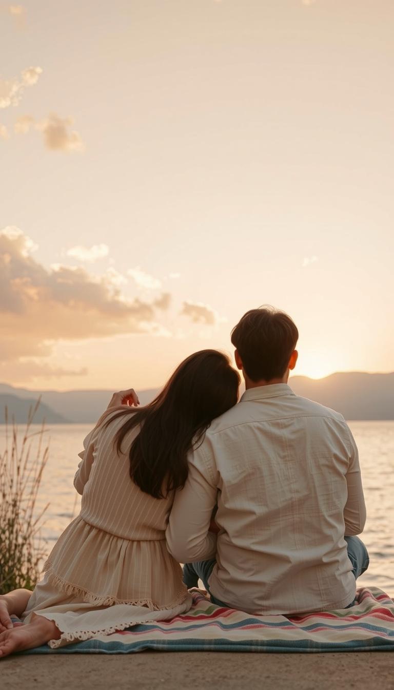 Main art studio: Slow cinematic zoom toward a couple watching the sunset. Soft breeze, subtle head movement, gentle embrace, shimmering lake, warm golden light, dreamy