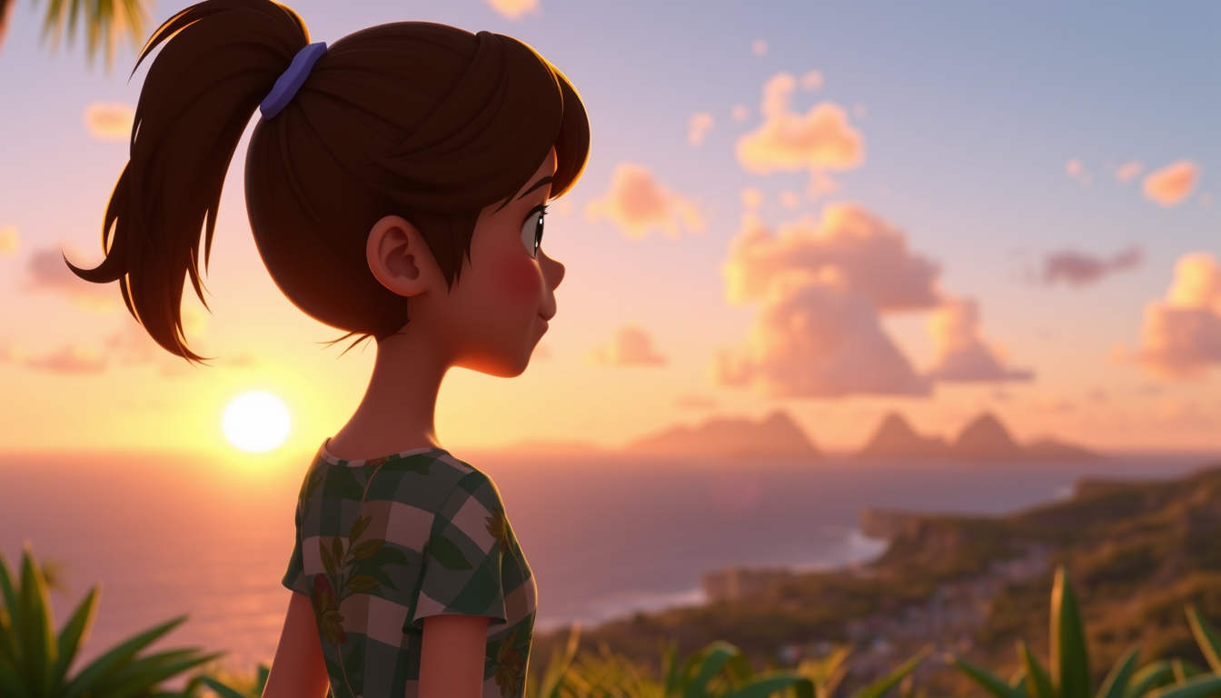 Main art studio: . Scene 7: Chloe watching the sunset from a scenic Hawaiian lookout, ocean and mountains in the distance, peaceful cinematic moment, cute 3D cartoon m
