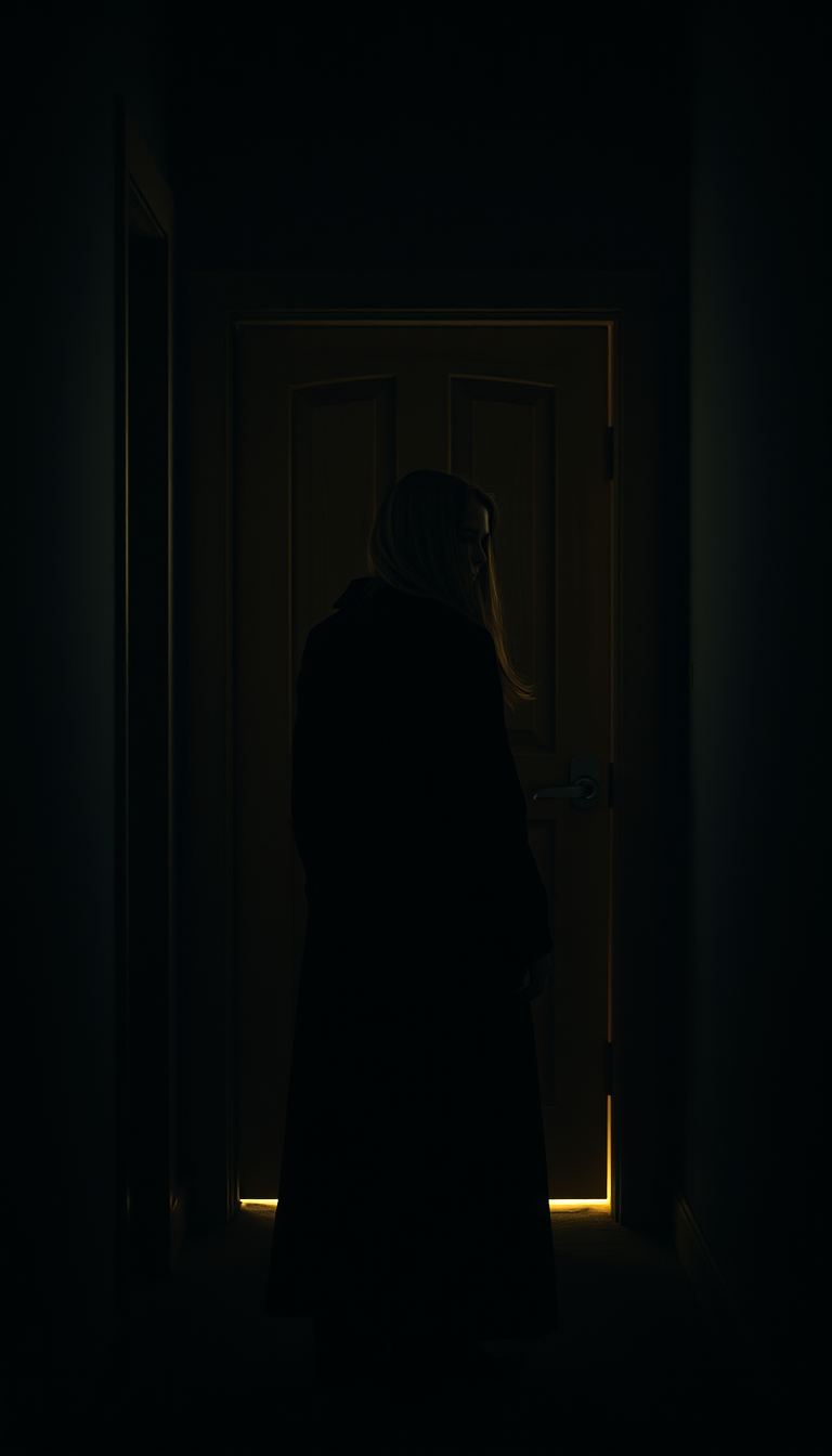 Main art studio: The same young woman in a long black coat slowly turns around and sees a closed wooden door behind her. A faint warm light shines from underneath the 