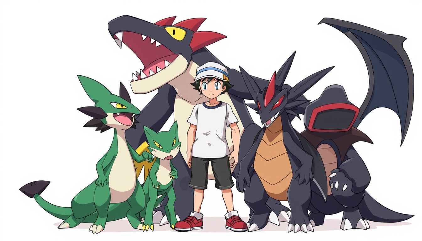 Main art studio: Garchomp, Ceruledge, Lucario, Tyranitar, Zoroark and Torterra surrounding the trainer; accurate canonical Pokémon heights and proportions; trainer cen